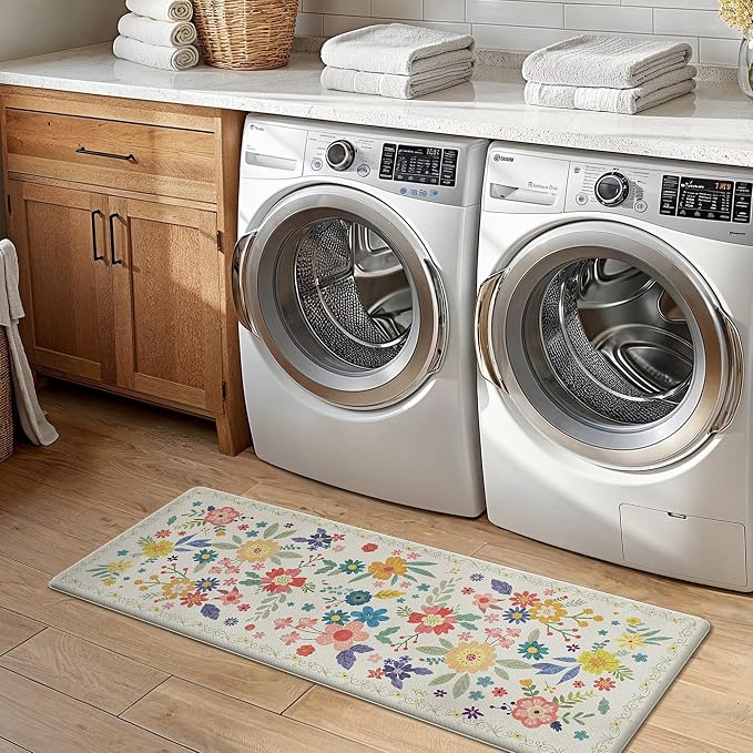 GENIMO Anti Fatigue Kitchen Mats for Floor 2PCS, Cushioned Standing Mats | 17.3"x47"&17.3"x30", SoftWhite vintage floral rug set, waterproof, non slip, easy-clean for farmhouse