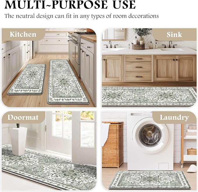 Boho Kitchen Mats for Floor 2 Piece Set Anti Fatigue Cushioned PVC Kitchen Rugs Non Slip Waterproof Farmhouse Mats 2/5 Inch Comfort Standing Mat for Laundry, 17.3"x47"+17.3"x28", Grey