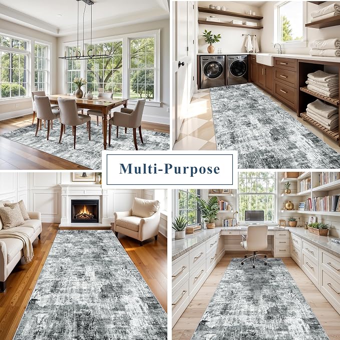 4x10 ft Extra Wide Hallway Rug – Non-Slip Washable Rubber-Backed Large Carpet Runner for Kitchen, Entryway | Modern Abstract, Low-Pile Thin Floor Mat for Bedroom Living Room Dining Room（Grey）