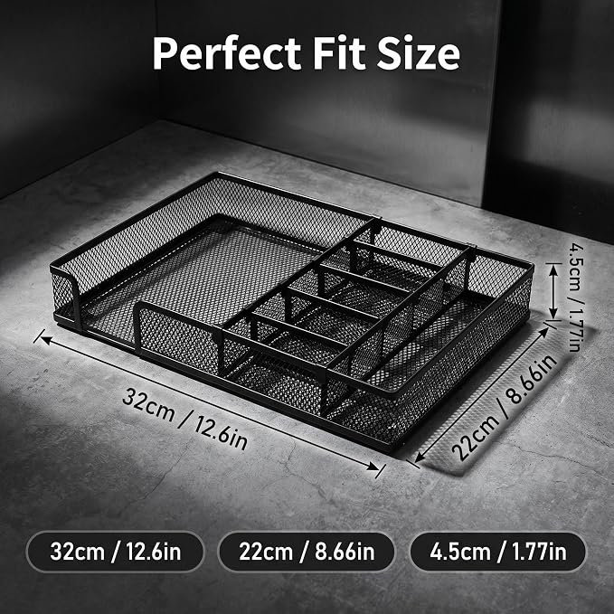 Metal Mesh Desk Drawer Organizer, Desk Organizer Tray with Adjustable Compartments, 4 Dividers Drawer for Office Supplies and Home