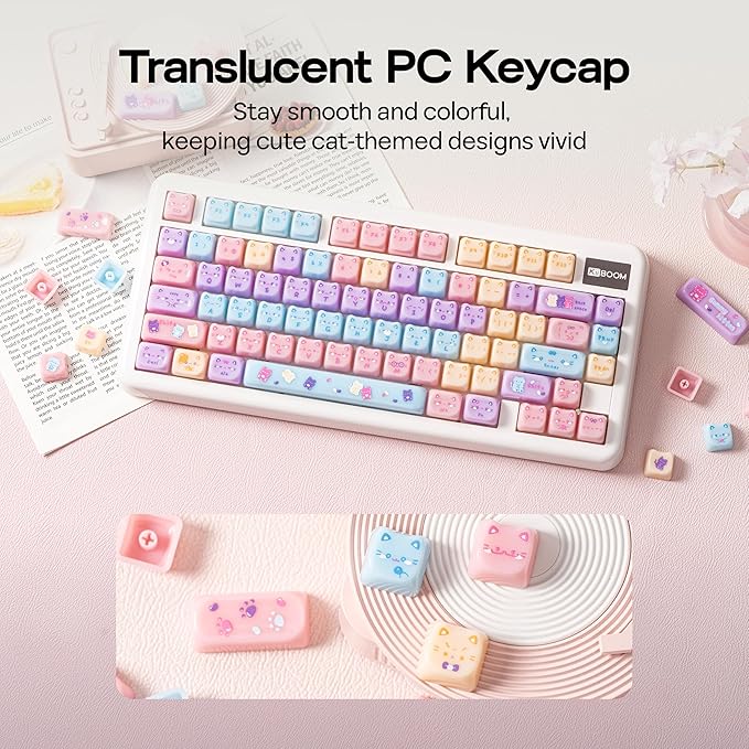 KiiBOOM Cute Cat Keycaps Set, Mao Profile, PC Keycap for MX Switches Mechanical Keyboard, Compatible with 60%, 65%, 75%, TKL, 96%, Full-Sized Layout (Meow Pudding)