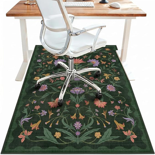 36"x48" Office Chair Mat for Hardwood Tile Floor, Under Desk Carpet Protector for Rolling Computer Chair Mat, Machine Washable Area Rug, Anti-Slip 1/5" Thick Low Pile Thin Floor Mat, Night Floral