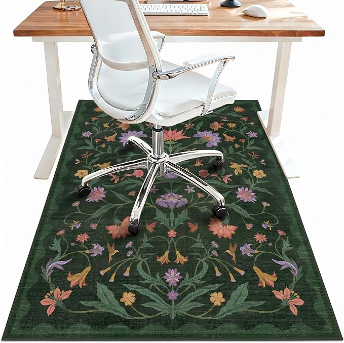 36"x60" Office Chair Mat for Hardwood Tile Floor, Under Desk Carpet Protector for Rolling Computer Chair Mat, Machine Washable Area Rug, Anti-Slip 1/5" Thick Low Pile Thin Floor Mat, Night Floral
