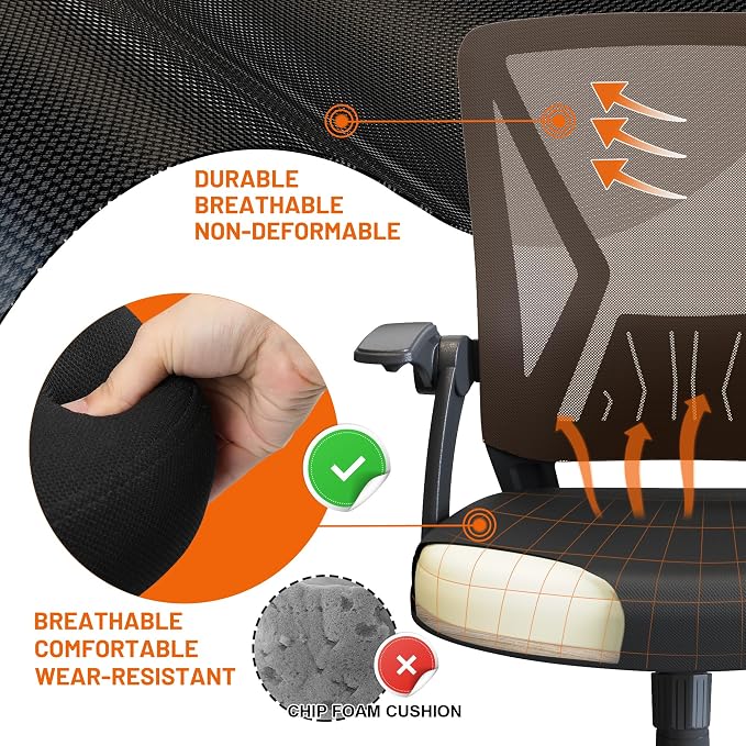 Mesh Office Chair Ergonomic Mid Back Swivel Black Mesh Desk Chair Flip Up Arms with Lumbar Support Computer Chair Adjustable Height Task Chairs