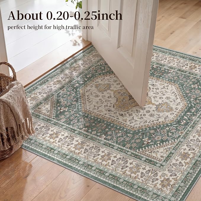 4X4 Square Rug for Living Room - Washable Kitchen Area Rug with Non Slip Rubber Backing for Bedroom Indoor Soft Stain Resistant Carpet Desk Rug for Pet-Friendly and Kitchen Decor Green/Beige