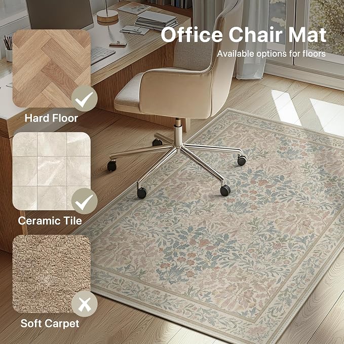 48"x72" Office Chair Mat for Hardwood Tile Floor, Under Desk Carpet Protector for Rolling Computer Chair Mat, Machine Washable Area Rug, Anti-Slip 1/5" Thick Low Pile Thin Vinyl Floor Mat, Beige Pink