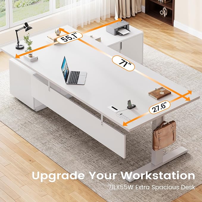 SEDETA Executive L Shaped Electric Standing Desk, 71" Height Adjustable Executive Desk with 3 Drawers and Cabinet, Sit Stand Up Home Office Desk with Power Outlets & Side Hook (White)