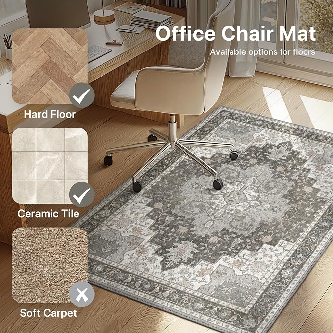 48"x60" Office Chair Mat for Hardwood Tile Floor, Under Desk Carpet Protector for Rolling Computer Chair Mat, Machine Washable Area Rug, Anti-Slip 1/5" Thick Low Pile Thin Vinyl Floor Mat, Tawny Grey