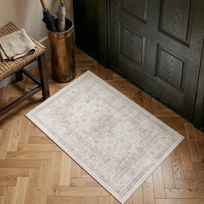PureCozy Beige Area Rug 2x3 Washable Vintage Entryway Carpet Non Slip Soft Low Pile Distressed Medallion Door Mat Indoor Retro Throw Small Rug for Bathroom Kitchen Office Bedroom Dining Room