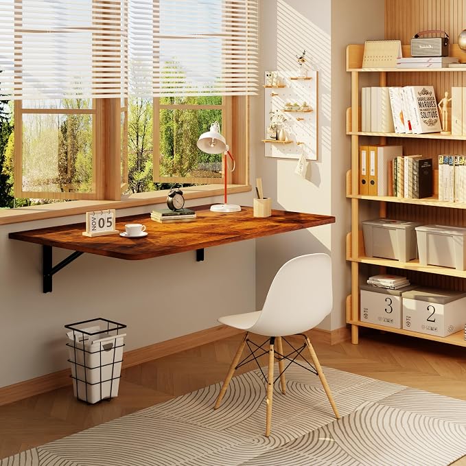 IAE Floating Foldable Desk,Wall Mounted - Folding Computer Table with Engineered Wood,Study Table with Shelf Brackets,Fold Down Shelf,Fold Computer Desk for Small Spaces,Holds 500 lb,36" x 22" Rustic