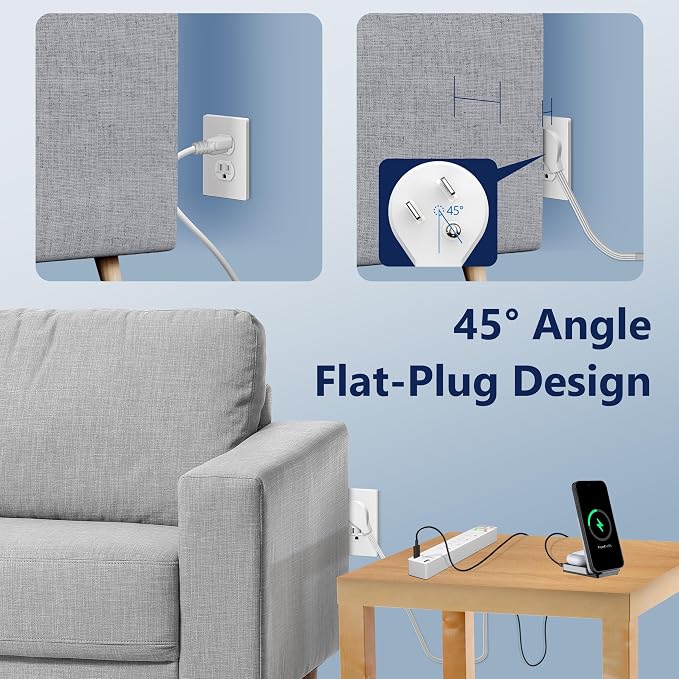 LIDER PD 36W Surge Protected Outlet Extender, 4-Outlet Power Strip, USB-A & USB-C, 5ft, Up to 1500J, LED Indicator, ON/Off Switch, Flat-Plug, 45-Degree Angle, 1250W, ETL Listed, Matte White