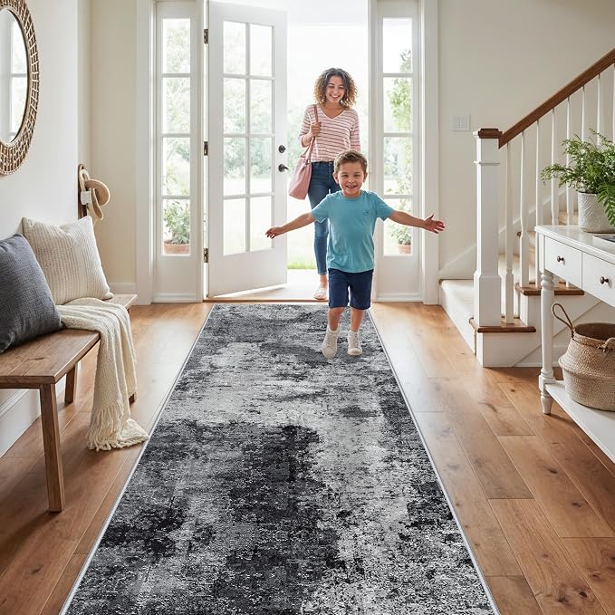 Abstract 3x10 Washable Runner Rug: Indoor Modren Kitchen Carpet with Non-Slip Backing Ultra Thin Low Pile Foldable Rugs Stain Resistant Durable Floor Mat for Bathroom Hallway Laundry 3X10 BlackW