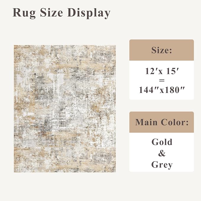 12x15 Area Rug for Living Room – Large Modern Neutral Abstract Thin Washable Carpet, Soft Low Pile Non-Slip Stain-Resistant for Bedroom Dining Room Home Office (Gold Grey)