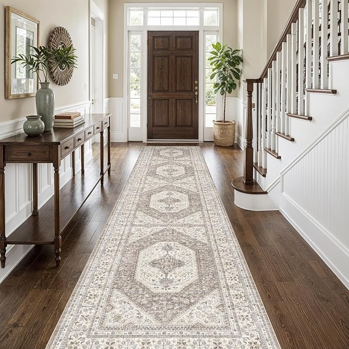 3x12 Washable Hallway Runner Rug:Oriental Indoor Kitchen Rugs Vintage Door Mat Non Slip with Rubber Backing Low Pile Thin Carpet for Bedroom Bathroom Living Room Bedside (3x12 Brown/Beige)