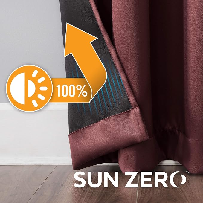 Sun Zero Nordic 2-pack Theater Grade Extreme 100% Blackout Grommet Curtain Panel Pair, 52" x 108", Wine