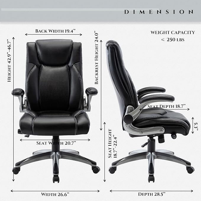 COLAMY Office Desk Chair, Ergonomic Computer Chair with Padded Flip-Up Arms and Thick Cushion, Leather Office Chair with High Back Adjustable Height and Tilt for Working for Working, Study, Gaming