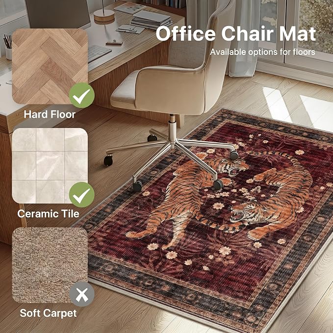 48"x72" Office Chair Mat for Hardwood Tile Floor, Under Desk Carpet Protector for Rolling Computer Chair Mat, Machine Washable Area Rug, Anti-Slip 1/5" Thick Low Pile Thin Vinyl Floor Mat, Rust Brown