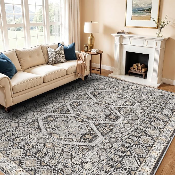 10x12 Area Rug for Living Room: Vintage Oriental Washable Rug for Bedroom Dining Room with Non Slip Rubber Backing Stain Resistant Low Pile Large Carpet Home Office (Black, 10x12)