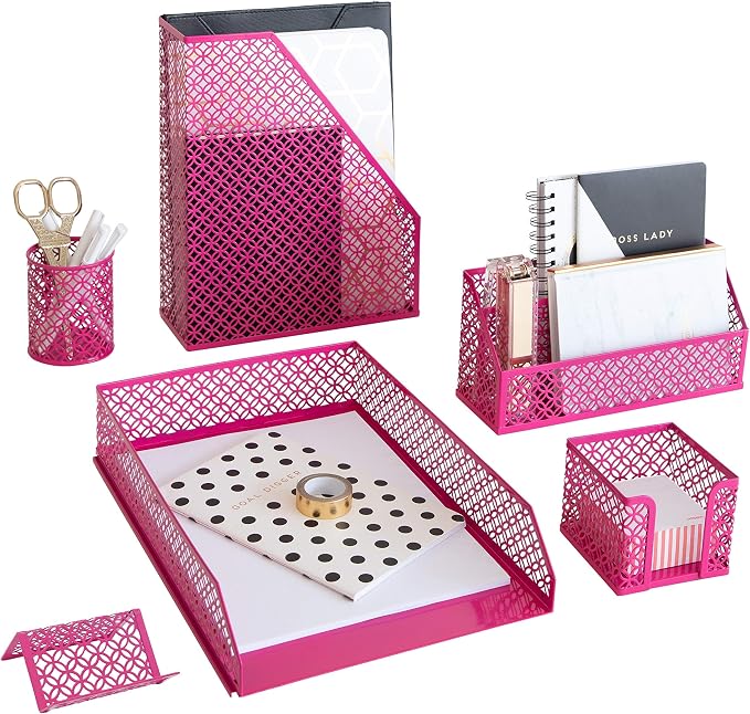 BLU MONACO Pink Office Supplies Hot Pink Desk Accessories for Women Office - 6 Piece Cute Pink Desk Organizer Set