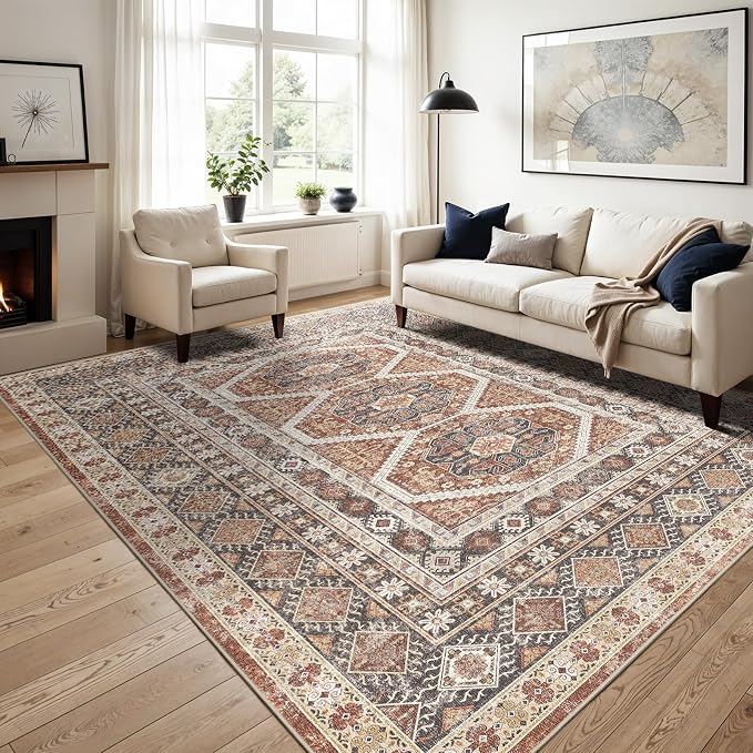12x15 Area Rug for Living Room: Vintage Oriental Washable Rug for Bedroom Dining Room with Non Slip Rubber Backing Stain Resistant Low Pile Large Carpet Home Office (Brick, 12x15)