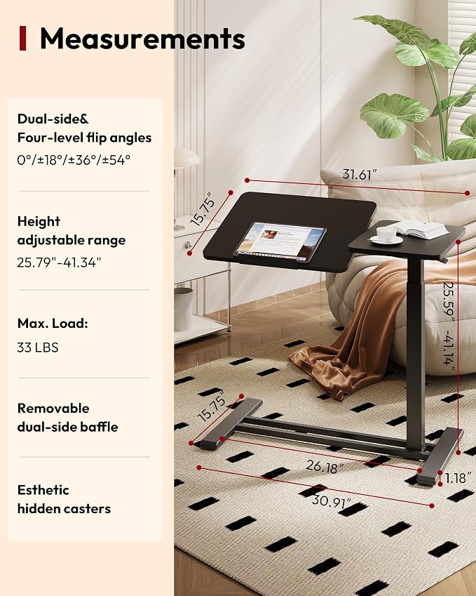 SANODESK 32''Overbed Table Gas Spring Lifting with Wheels&Tilting Desktop | Rolling Mobile Laptop Desk End Table,Portable Computer Workstation for Home Office,Sofa,Bedside,31.5" W x 17.7" D, Black