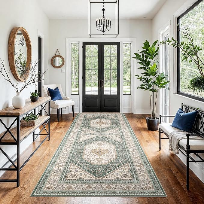 4x8 Runner Rug for Hallway Washable: Non Slip Kitchen Rugs with Rubber Backing Soft Waterproof Wide Mats Stain Resistant Low Pile Carpet for Entryway Bedroom Bathroom Laundry Home Decor Green/Beige