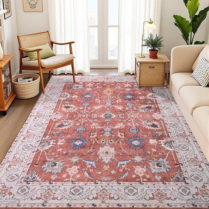 Vasofe 5x7 Rug for Bedroom, Washable Living Room Rugs for Dining Room, Red Indoor Floor Mat, Vintage Floral Mats for Home Decor, Farmhouse, Laundry Room, Non Slip Low Pile Soft Modern Carpet