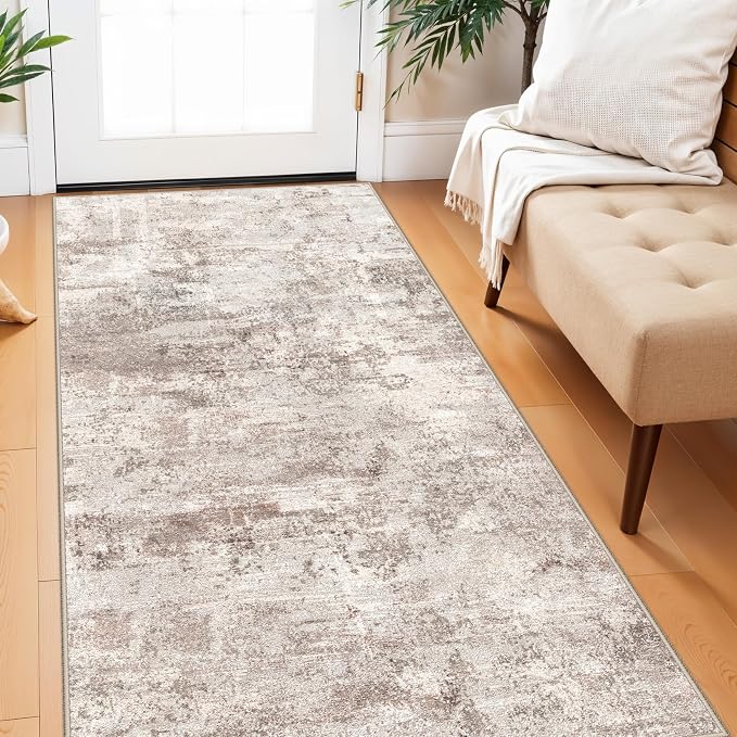 RUUGME Washable 3x6 Runner Rug: Modern Low Pile Durable Floor Mat Non-Slip Abstract Carpet for Kitchen Laundry Stain Resistant Soft Rugs for Family with Cats & Dogs Home Decor 3X6 Brick/Brown/Beige