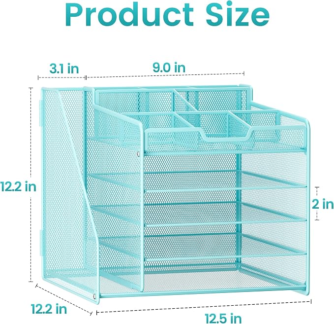 Lavatino 5-Tier Metal Mesh Desk Organizer with File Holder & 7 Customizable Compartments | Paper Letter Tray for Office or Home Desk Storage | Keep Workspace Supplies Neat & Organized, Blue