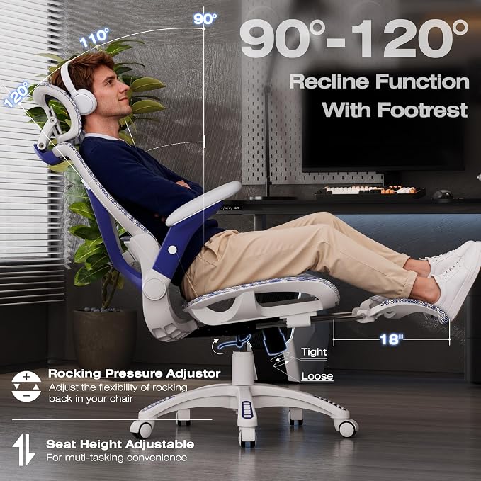 ELABEST X100 Ergonomic Mesh Office Chair with Footrest, Big and Tall Home Desk Chair with 5D Flip-Up Arms, Adjustable 3D Lumbar Support, Gaming & Executive Computer Chair (Cybernetic Pulse)