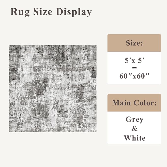 5x5 Square Entryway Rug Washable – Non-Slip Small Area Rug for Kitchen or Bathroom, Soft Low-Pile Indoor Mat, Modern Abstract Thin Door Carpet (Grey)