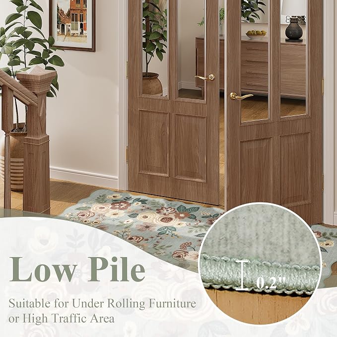 DUKINO 2x10 Runner Rug for Hallway, Washable Kitchen Rug with Non Slip Backing & Non-Shediing, Soft Low Pile Floral Design Runner for Bedroom, Kithchen, Living Room, Laundry, Bathroom, Sage Green