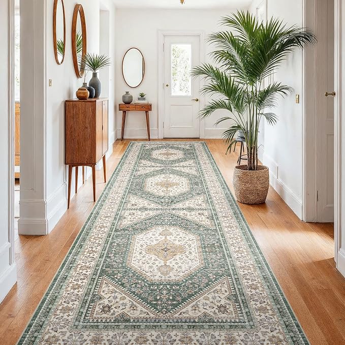4x10 Runner Rug for Hallway Washable: Non Slip Kitchen Rugs with Rubber Backing Soft Waterproof Wide Mats Stain Resistant Low Pile Carpet for Entryway Bedroom Bathroom Laundry Home Decor Green/Beige
