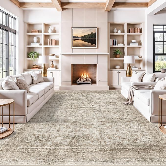 Washable Rug 10x14 Area Rugs for Living Room,Ultra Soft Rugs for Bedroom/Dining Room/Conference Room Indoor - Non Slip Carpet Distressed Floor Home Office Decor 10x14 Beige Brown