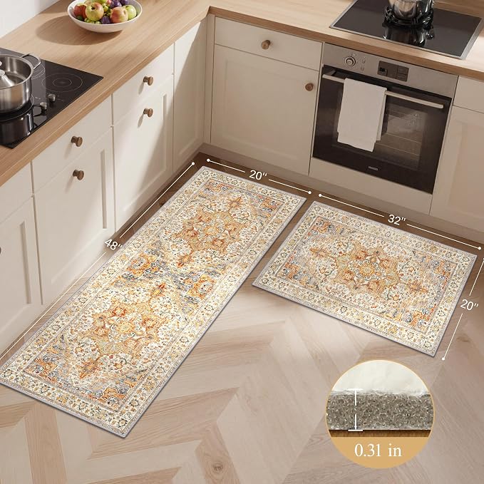 GENIMO Kitchen Rugs Non Slip Washable, 2PCS Kitchen Mats for Floor, Cushioned Standing Mat, Kitchen Runner Rug Floor Mat for Kitchen Decor, Laundry, Sink, Home, 20"x32"+20"x48", Orange&Brown