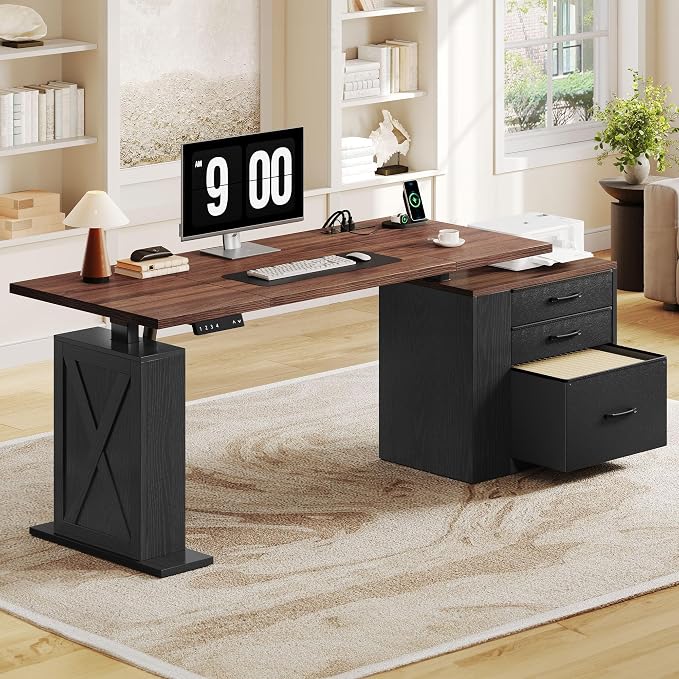 75.5'' Electric Standing Desk with Drawers, Farmhouse Height Adjustable Corner Desk, Sit Stand Office Desk with 4 AC Outlets & Type C Port, Executive Computer Desk, Brown & Black