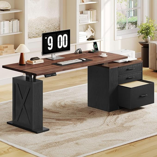 75.5'' Electric Standing Desk with Drawers, Farmhouse Height Adjustable Corner Desk, Sit Stand Office Desk with 4 AC Outlets & Type C Port, Executive Computer Desk, Brown & Black