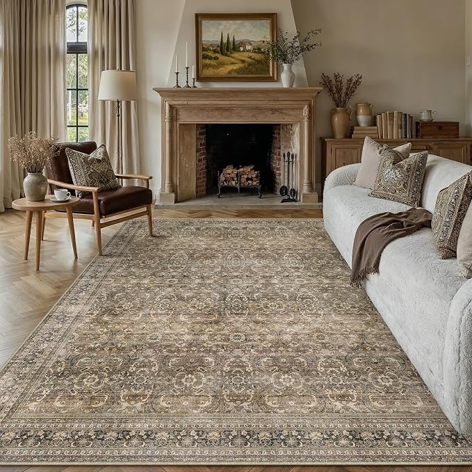 HUGEAR Area Rug 8x10 Vintage Brown Machine Washable Living Room Rugs Distressed Retro Floral Mid Pile Carpet Soft Thicker Carpet Bedroom Office Dining Room Laundry Room Non Slip Soft