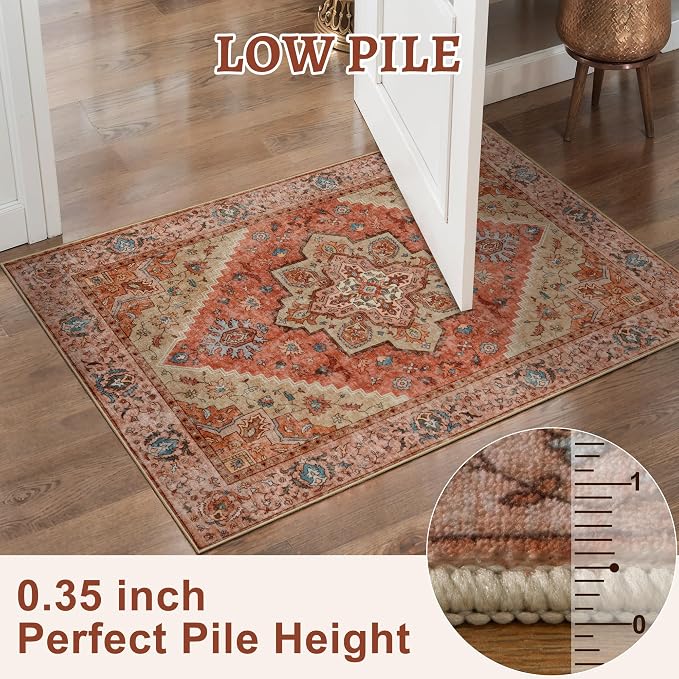 Tangsoo 5x7 Washable Area Rugs for Living Room, Vintage Indoor Non Slip Large Area Rugs, Print Carpet, Soft Low Pile Rug Foldable Floor Rug for Bedroom Dining Room DormTerracotta/Multi