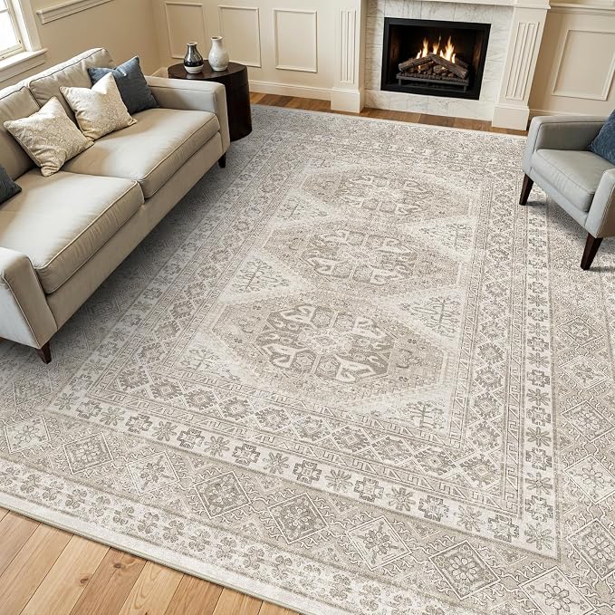 12x15 Area Rug for Living Room: Vintage Oriental Washable Rug for Bedroom Dining Room with Non Slip Rubber Backing Stain Resistant Low Pile Large Carpet Home Office (Beige, 12x15)