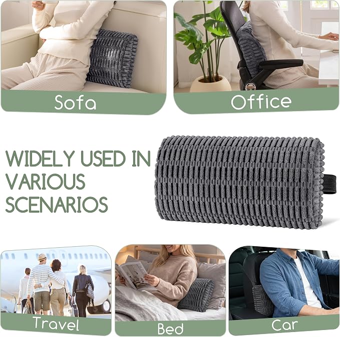 Lumbar Support Pillow for Recliner Chair/Office Chair/Couch, Memory Foam Back Support Cushion with Adjustable Strap, Recliner Cushions for Lower Back Pain Relief, Sleeping, Washable Cover, Dark Grey