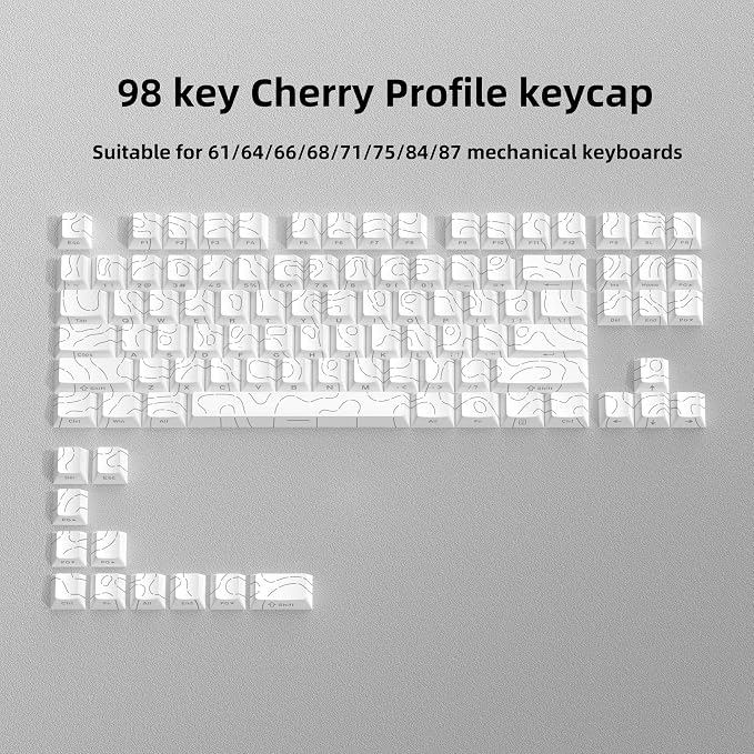 dagaladoo White Topographic keycaps Line Backlit keycaps Shine Through Keyboard Keys Side Printed Key caps Cherry Profile keycap Set for 61/64/66/68/71/75/84/87 Mechanical Keyboards 98key