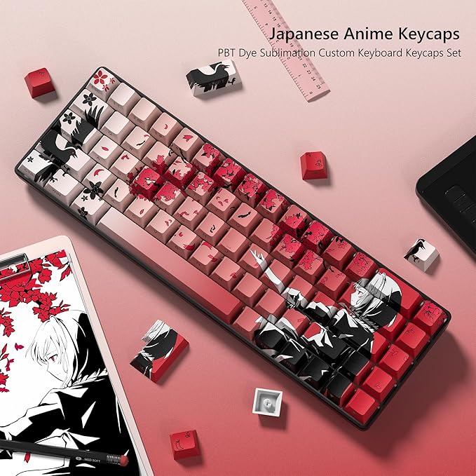 Rainy Japanese Anime Keycaps Shine Throgu Key Caps,Cherry Keycaps 129 Keys PBT Dye Sublimation Custom Keycaps Set for Mechanical Keyboard 61/64/75/84/87/104/108 Layout with Key Puller (Red)
