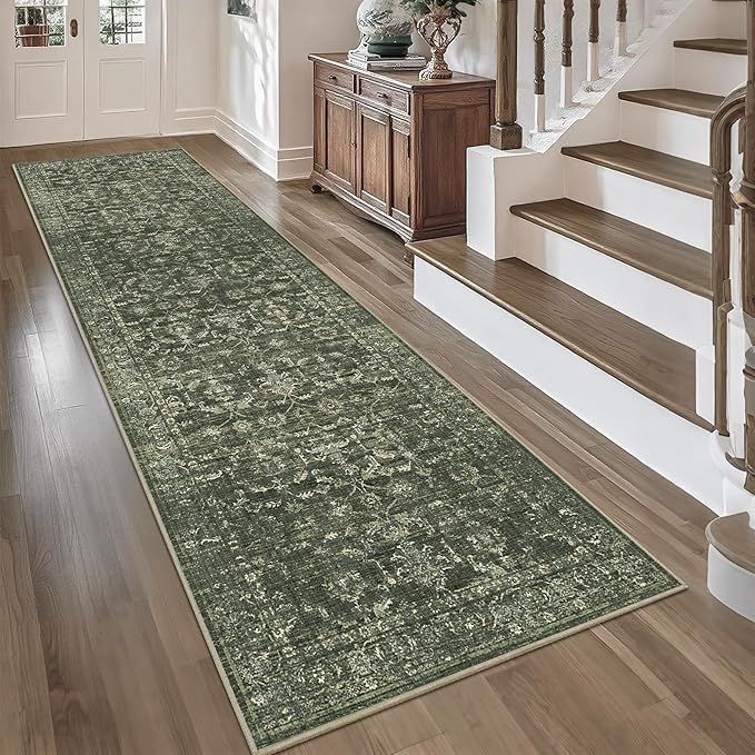 3x10 Green Runner Rug Hallway Washable Area Rugs Kitchen Vintage Boho Non Slip Long Rug Floral Carpet Indoor Retro Soft Low Pile Throw Rug for Bedroom Bathroom Laundry Dining Living Room Office