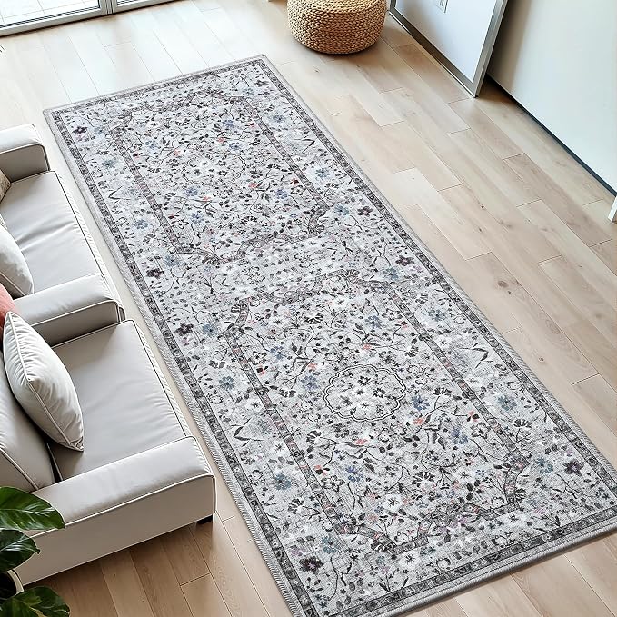 Vasofe Area Rugs for Bedroom Machine Washable Rugs for Living Room, Vintage Rug with Non-Slip Backing, Water Repellent Rug for Office, Kids Playroom (Grey, 2' x 6')