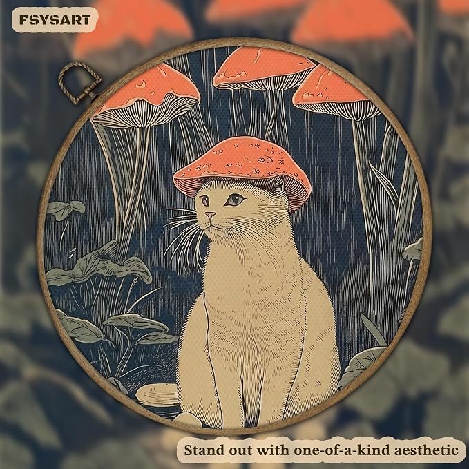 Framed Vintage Cat Wall Art, Whimsical White Cat with Mushroom Hat in Forest Canvas Print, Fantasy Quirky Woodland Animal Painting, Funny Retro Wall Decor for Living Room Bedroom Study 8x10in