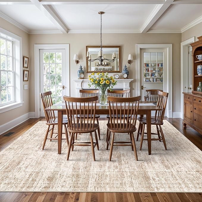 Living Room Area Rugs 9x12: Abstract Washable Rug for Dining Room Non-Slip Low Pile Carpet for Bedroom Ultra Thin Soft Stain Resistant Indoor Floor Mat for Household Women Aged 35-45 9x12 Beige Brown
