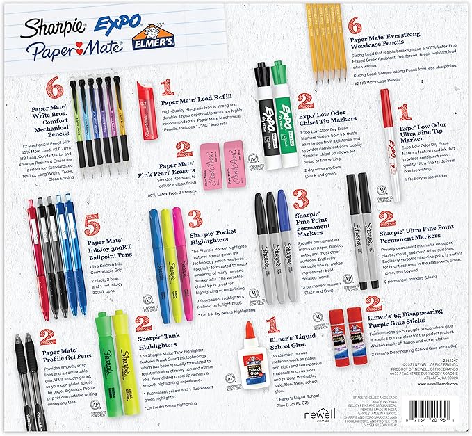 Sharpie School Supplies Kit Highlighters Mechanical Pencils Glue Sticks Erasers Permanent Markers Gel Pens Pencils School Glue and more from Sharpie Elmer’s Paper Mate & Expo 38 pieces
