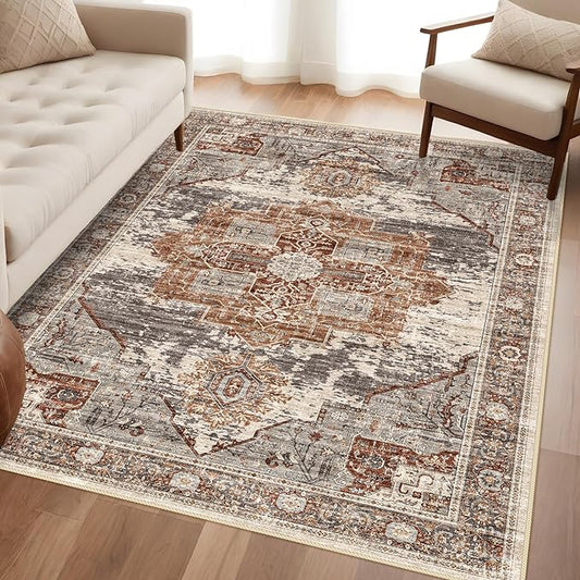 4x6 Living Room Area Rugs - Washable Area Rug Soft Stain Resistant Carpet Vintage Lightweight Ultra-Thin Rugs for Bedroom Kitchen entryway with Non Slip Backing Home Decor Small Mat 4X6 Brick