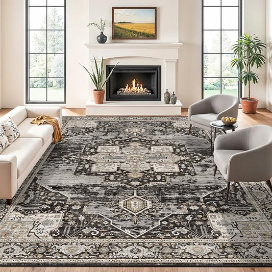 RUUGME Washable 11x15 Area Rug - Large Vintage Rugs with Non Slip Rubber Backing Stain Resistant Carpet for Bedroom Dining Room Indoor Soft Carpets Home Decor Decoration Mat 11X15 Black